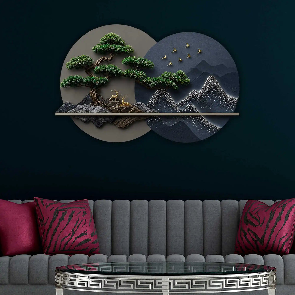 Golden Bonsai Mountain Harmony Premium Crystal Glass Backlit LED Wall Art