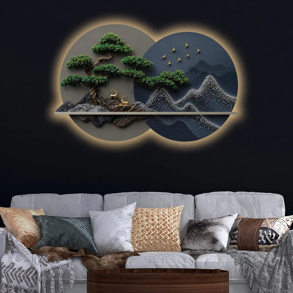 Golden Bonsai Mountain Harmony Premium Crystal Glass Backlit LED Wall Art