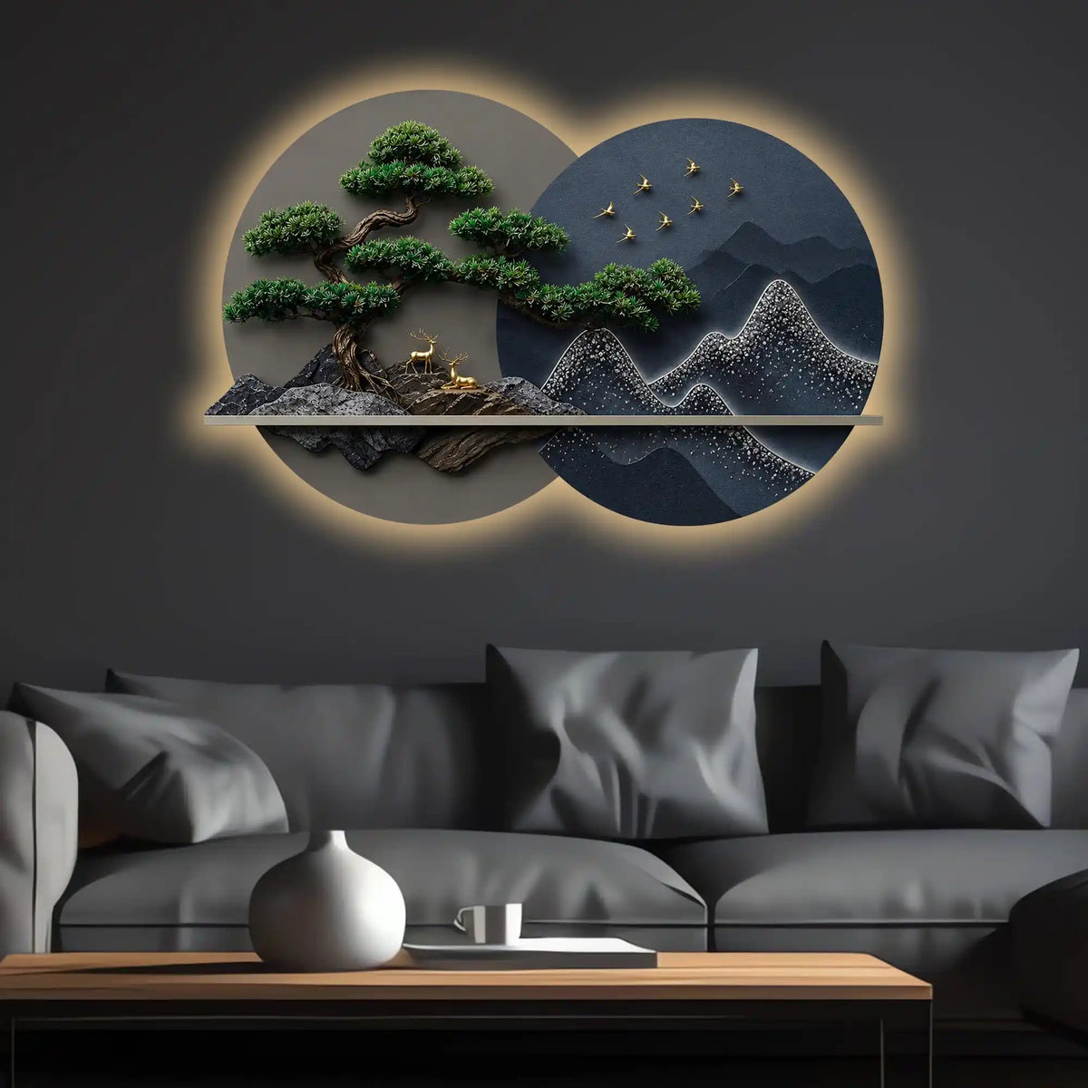Golden Bonsai Mountain Harmony Premium Crystal Glass Backlit LED Wall Art