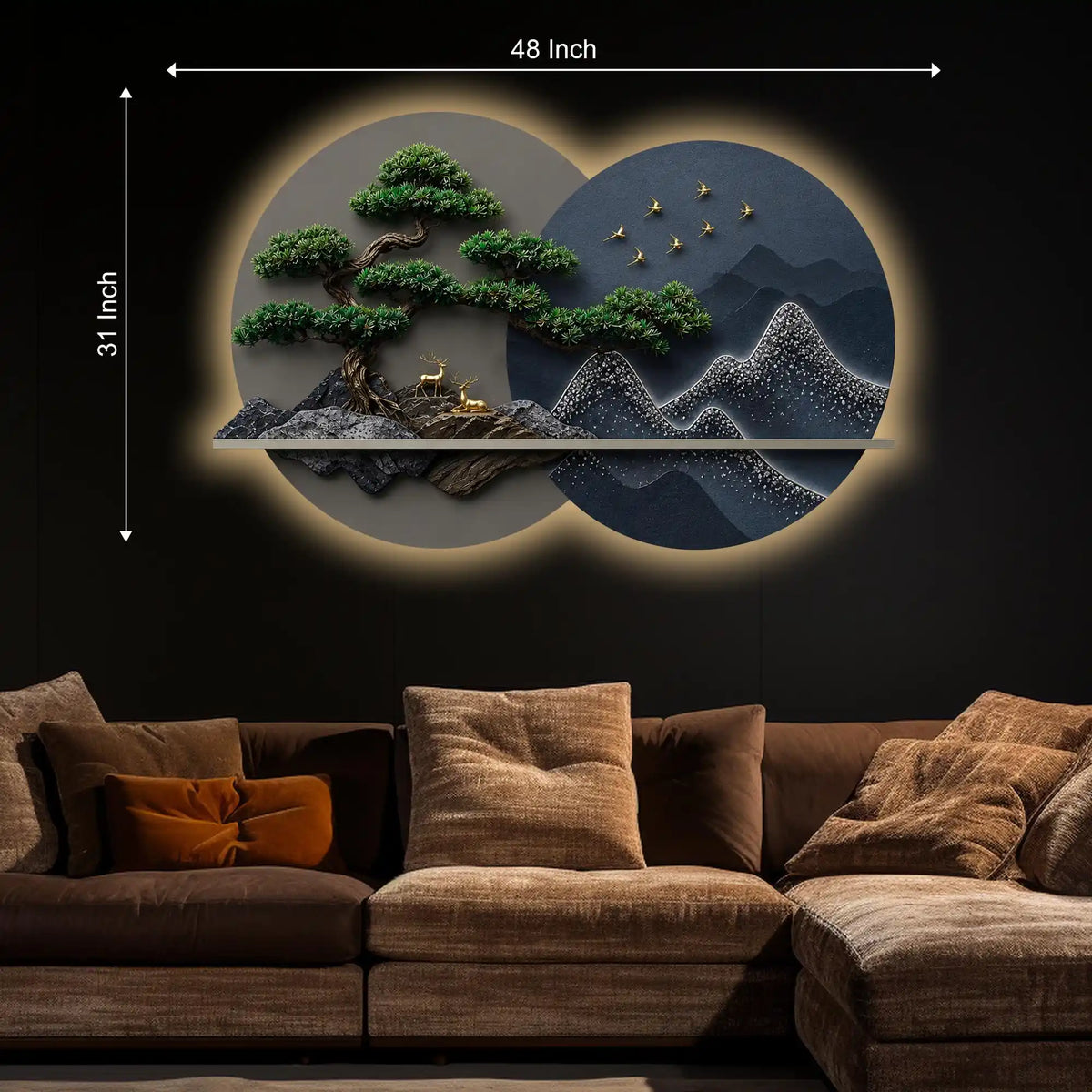 Golden Bonsai Mountain Harmony Premium Crystal Glass Backlit LED Wall Art