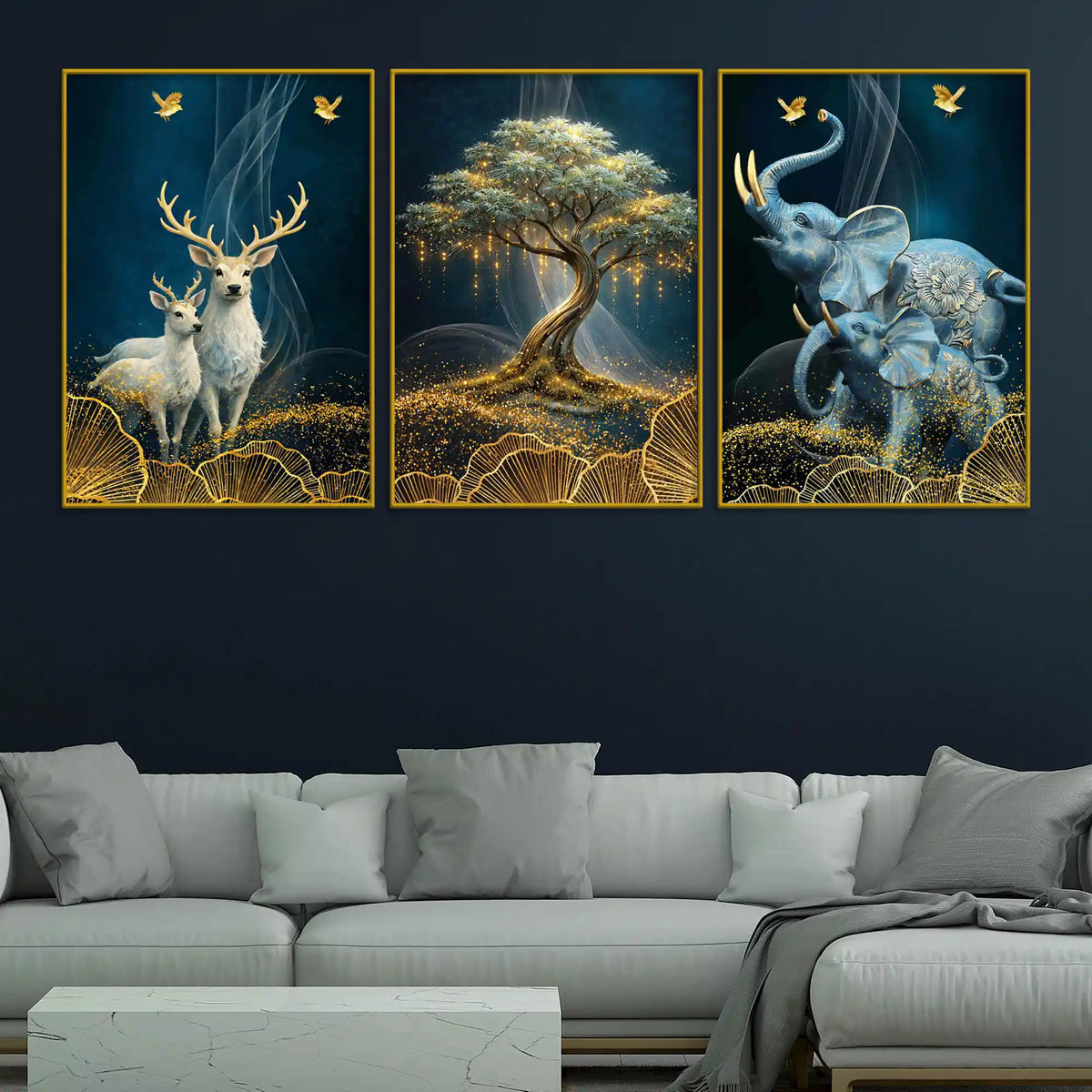 Golden Bonsai Tree Elegant Deer and Elephant Floating Frame Crystal Wall Painting Set of 3