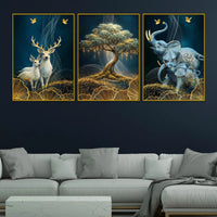 Golden Bonsai Tree Elegant Deer and Elephant Floating Frame Crystal Wall Painting Set of 3