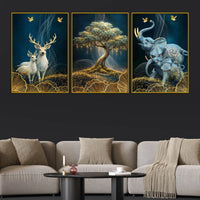 Golden Bonsai Tree Elegant Deer and Elephant Floating Frame Crystal Wall Painting Set of 3