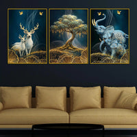 Golden Bonsai Tree Elegant Deer and Elephant Floating Frame Crystal Wall Painting Set of 3