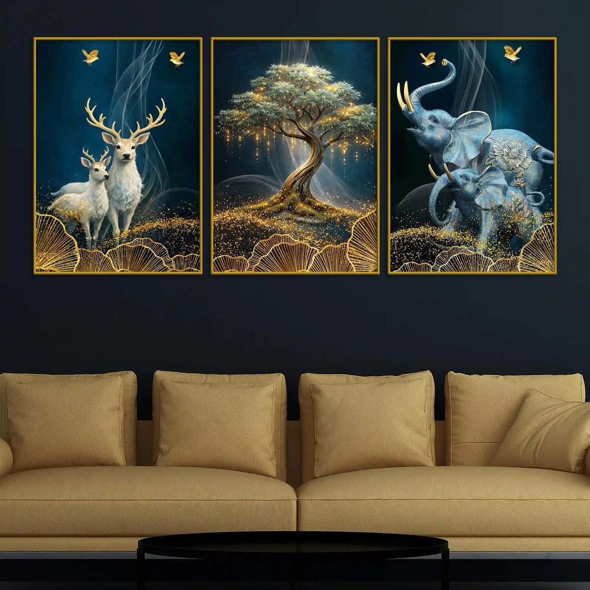 Golden Bonsai Tree Elegant Deer and Elephant Floating Frame Crystal Wall Painting Set of 3