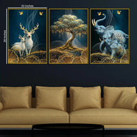 Golden Bonsai Tree Elegant Deer and Elephant Floating Frame Crystal Wall Painting Set of 3