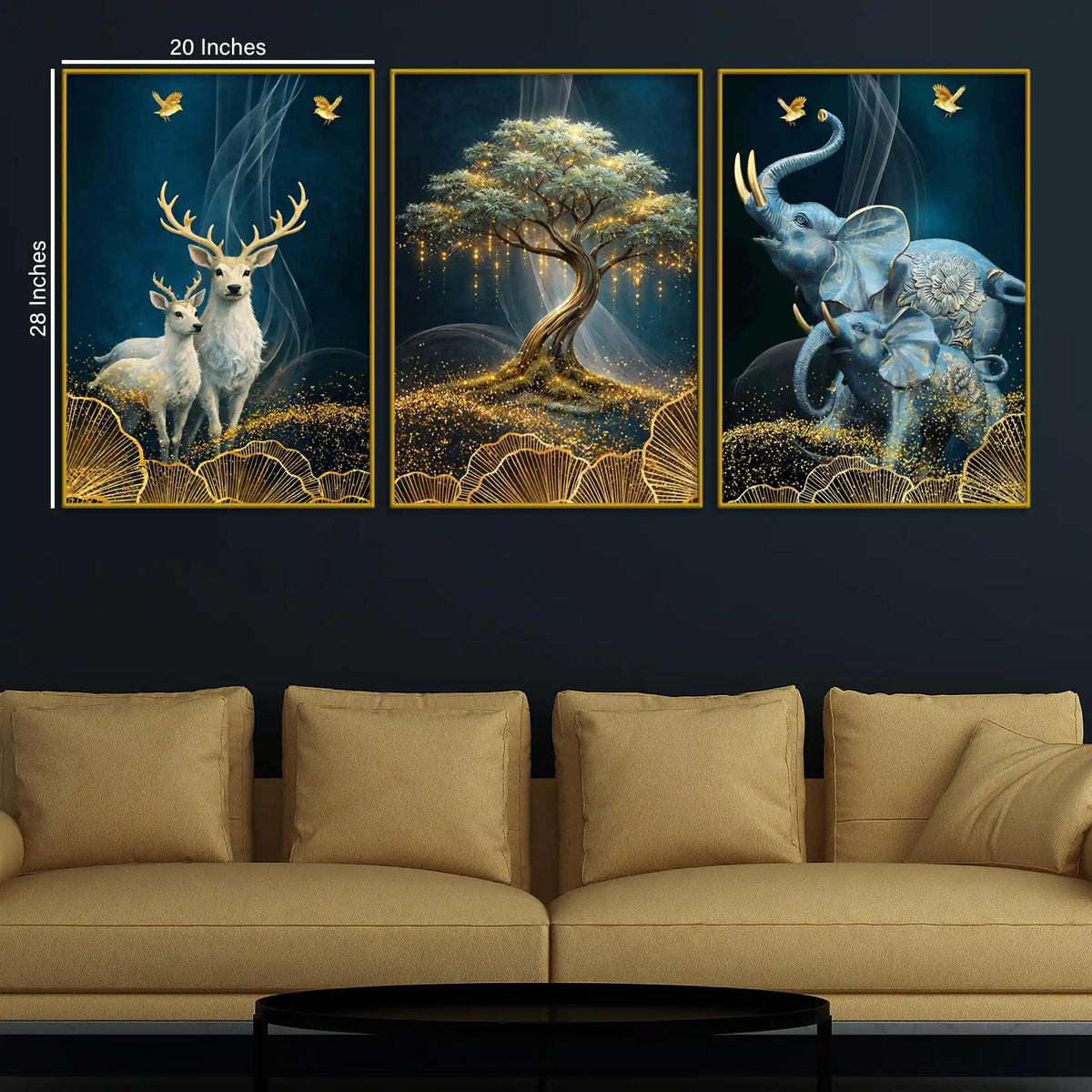 Golden Bonsai Tree Elegant Deer and Elephant Floating Frame Crystal Wall Painting Set of 3