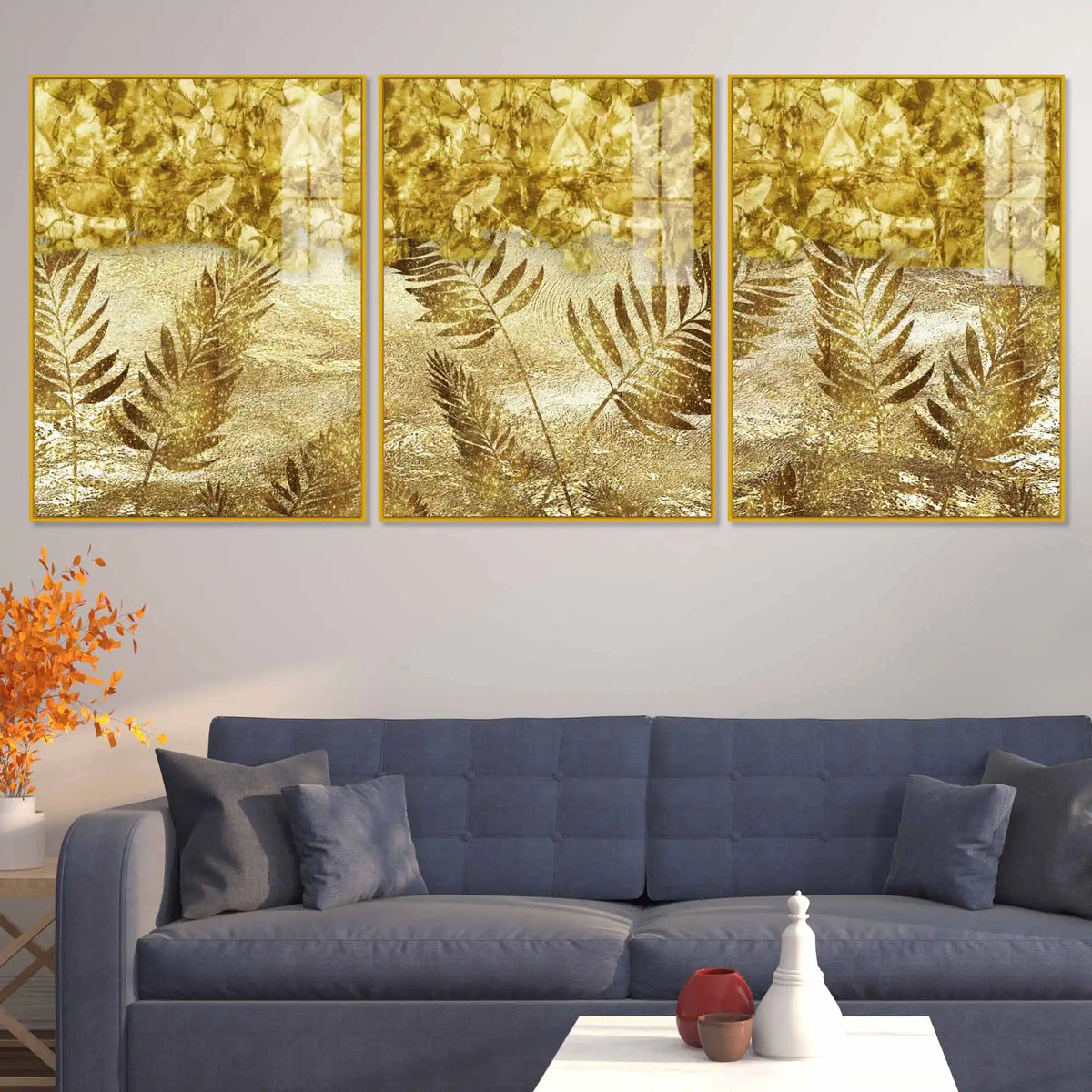 Golden Botanical Art Acrylic Floating Frame Wall Painting Set of 3