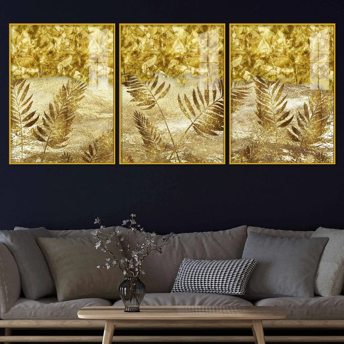 Golden Botanical Art Acrylic Floating Frame Wall Painting Set of 3