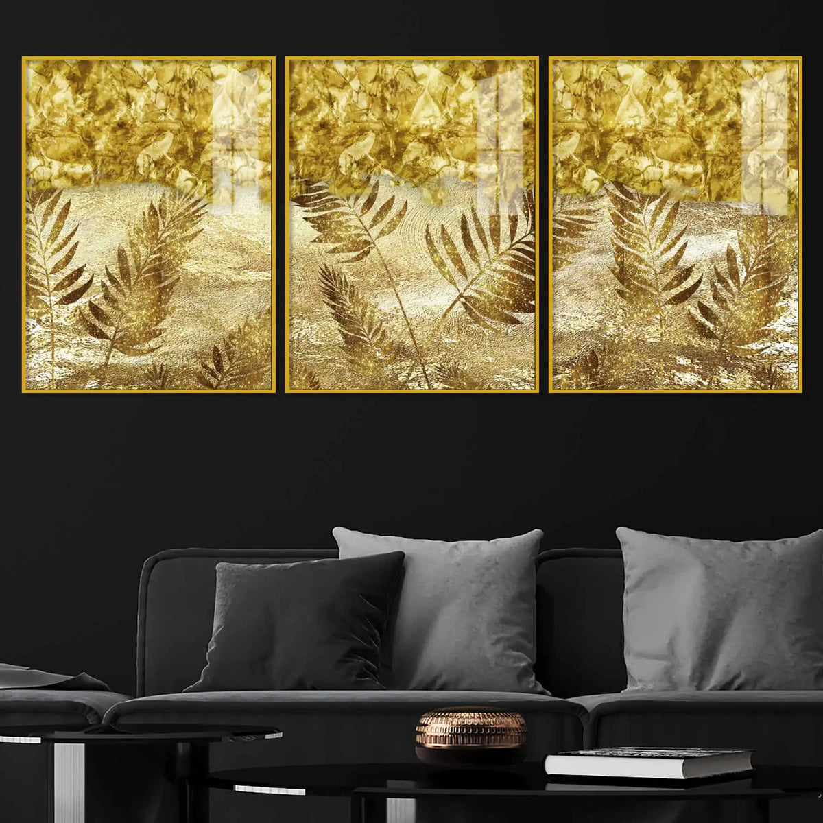 Golden Botanical Art Acrylic Floating Frame Wall Painting Set of 3