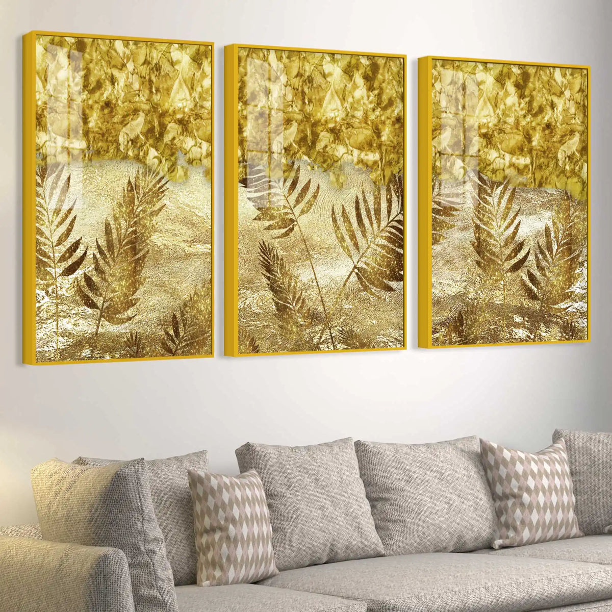 Golden Botanical Art Acrylic Floating Frame Wall Painting Set of 3