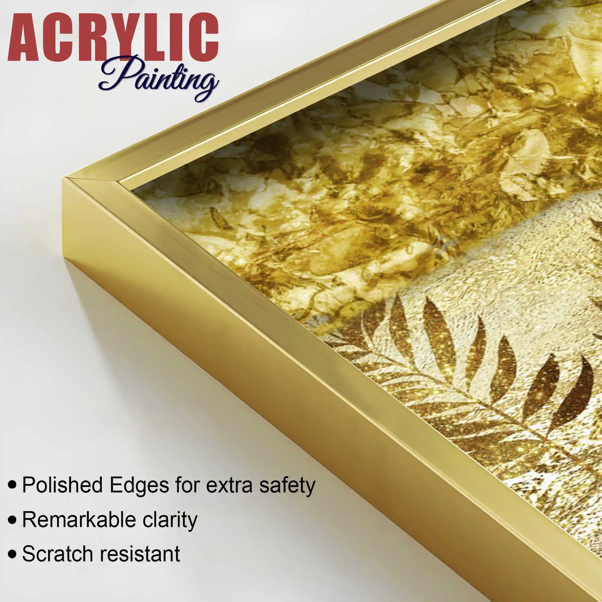 Golden Botanical Art Acrylic Floating Frame Wall Painting Set of 3