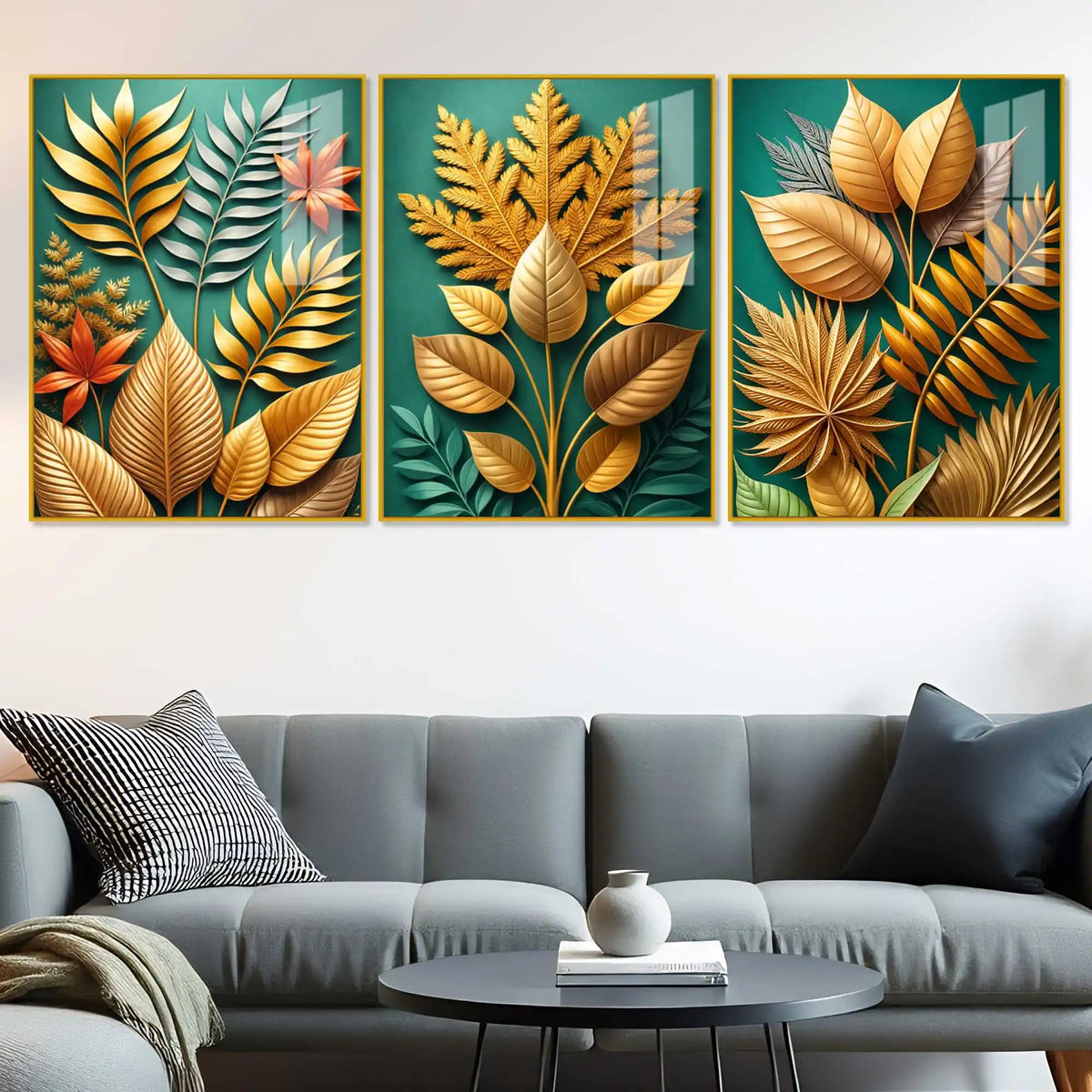 Golden Botanical Elegance Acrylic Floating Frame Wall Painting Set of 3