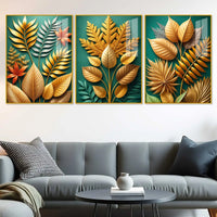 Golden Botanical Elegance Acrylic Floating Frame Wall Painting Set of 3