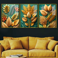 Golden Botanical Elegance Acrylic Floating Frame Wall Painting Set of 3