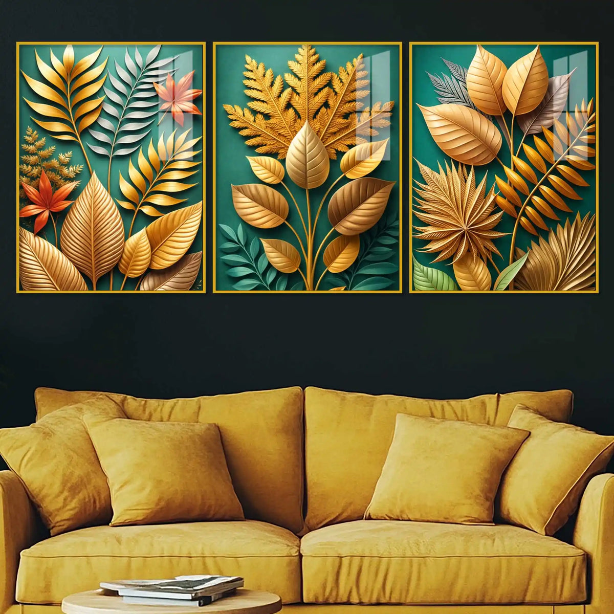 Golden Botanical Elegance Acrylic Floating Frame Wall Painting Set of 3