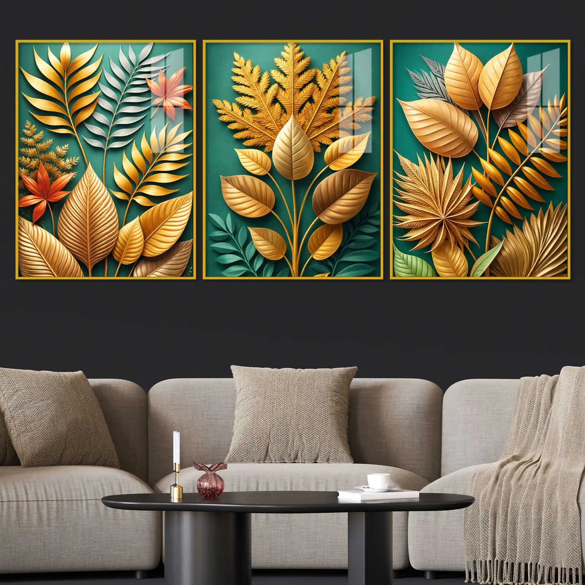 Golden Botanical Elegance Acrylic Floating Frame Wall Painting Set of 3
