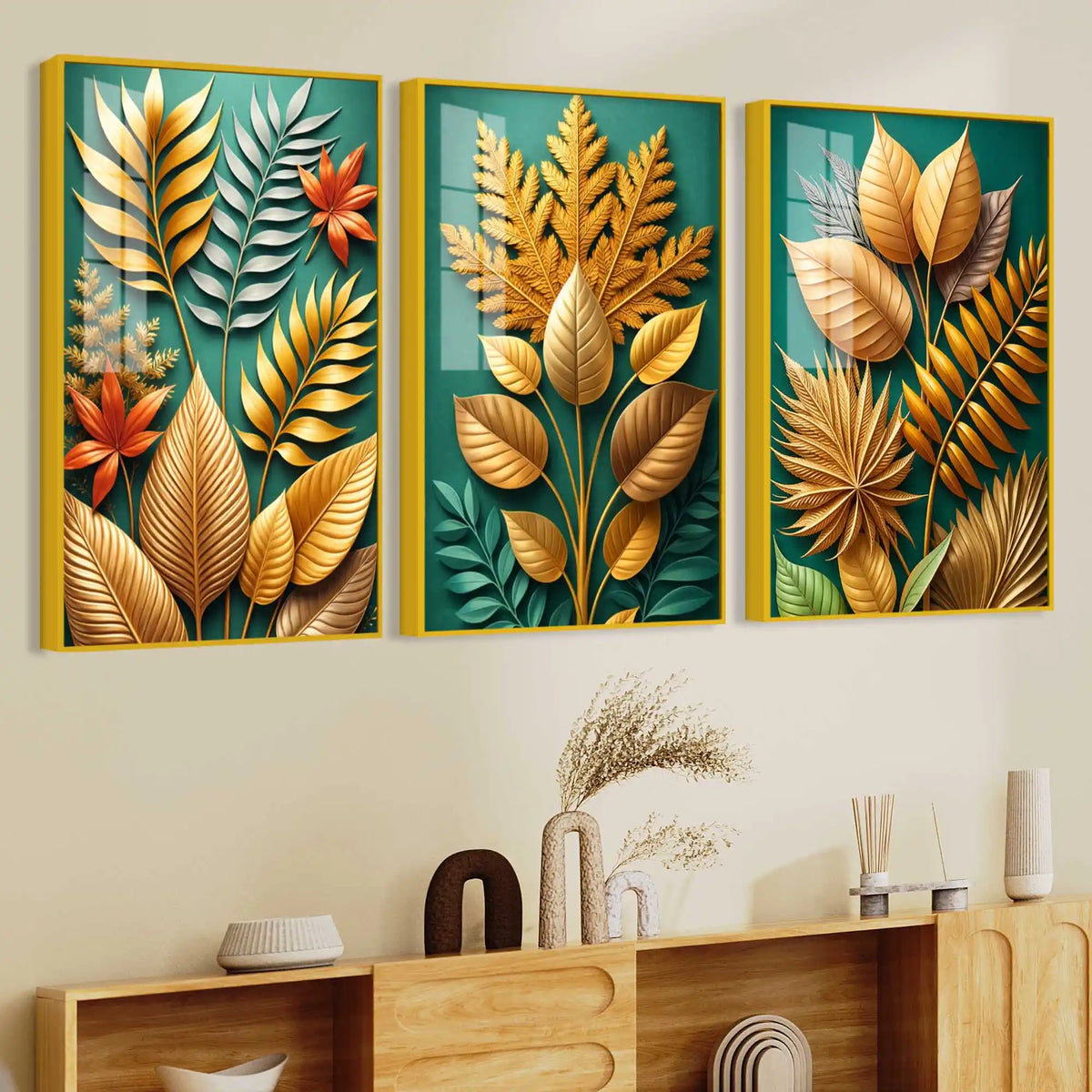 Golden Botanical Elegance Acrylic Floating Frame Wall Painting Set of 3