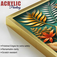 Golden Botanical Elegance Acrylic Floating Frame Wall Painting Set of 3