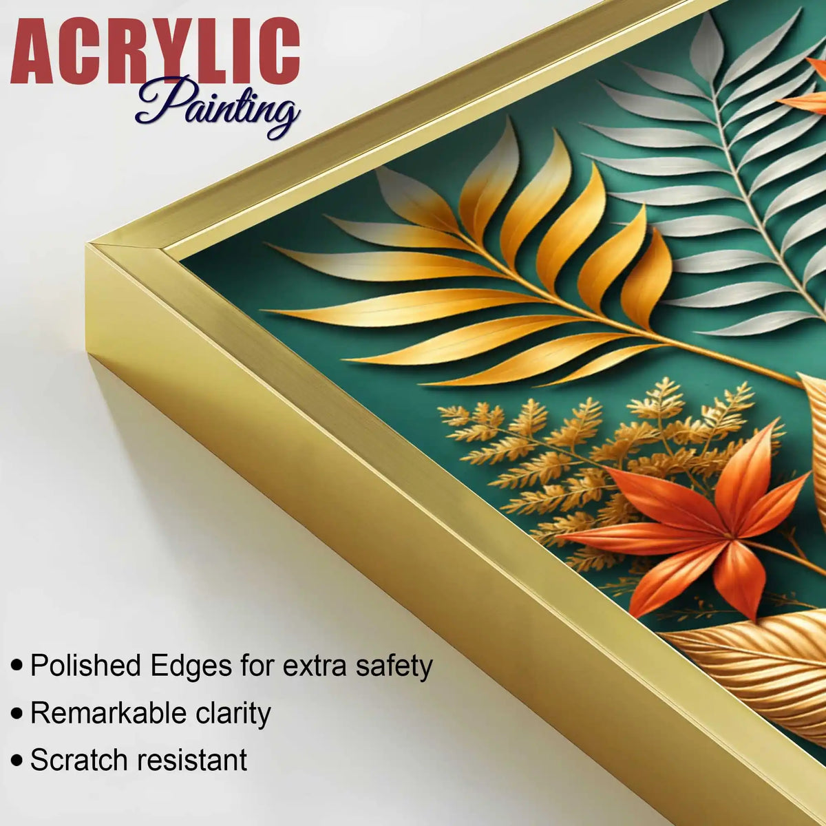 Golden Botanical Elegance Acrylic Floating Frame Wall Painting Set of 3