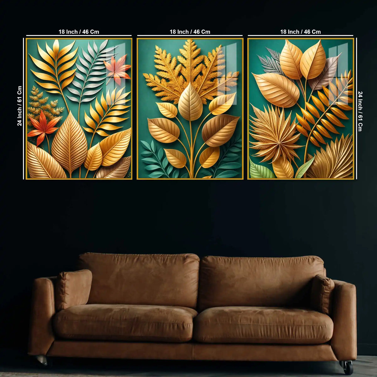 Golden Botanical Elegance Acrylic Floating Frame Wall Painting Set of 3