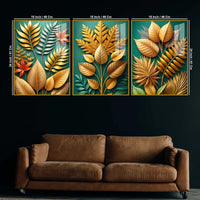 Golden Botanical Elegance Acrylic Floating Frame Wall Painting Set of 3
