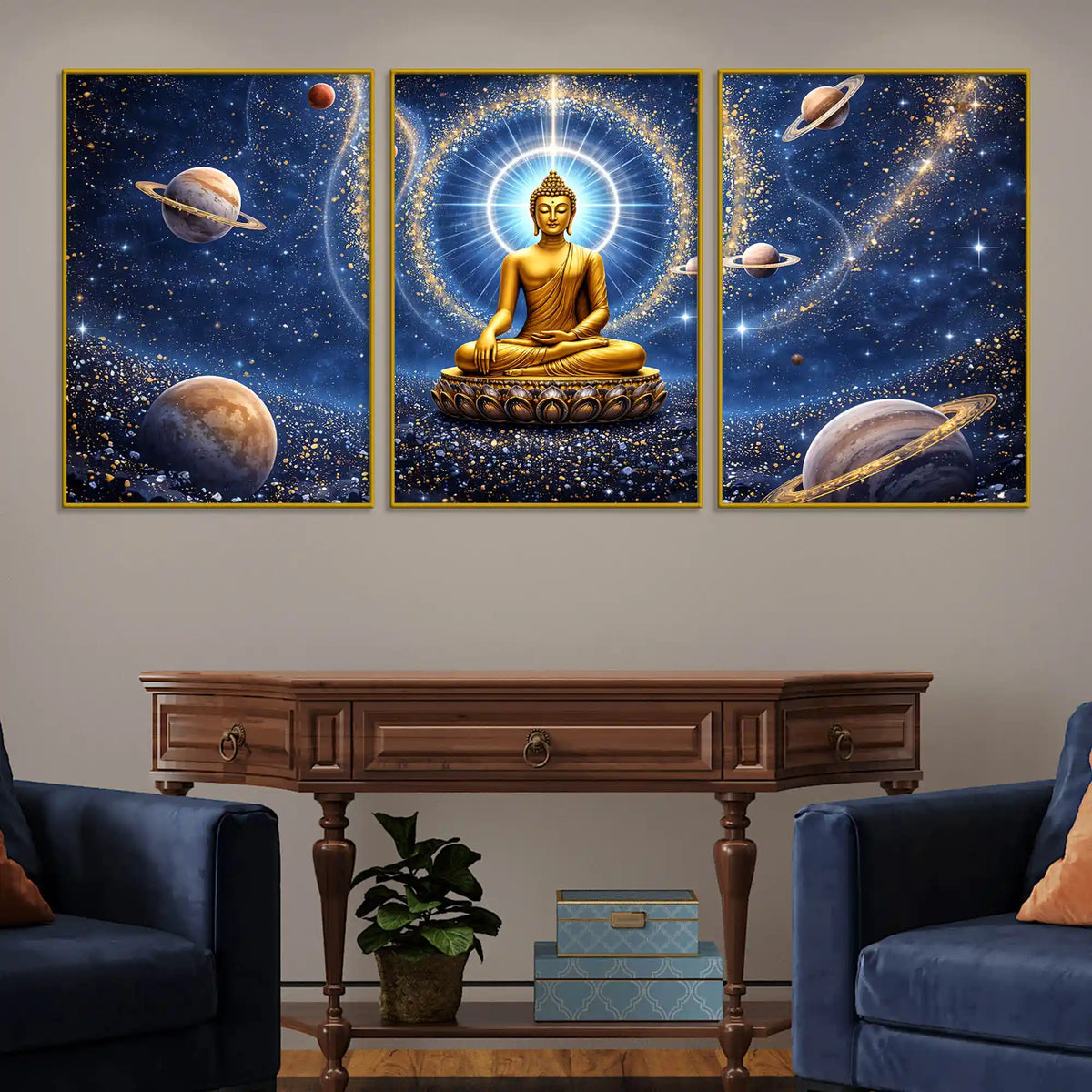 Golden Buddha in Cosmic Universe Floating Frame Crystal Wall Painting Set of 3