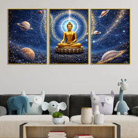 Golden Buddha in Cosmic Universe Floating Frame Crystal Wall Painting Set of 3