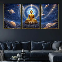 Golden Buddha in Cosmic Universe Floating Frame Crystal Wall Painting Set of 3