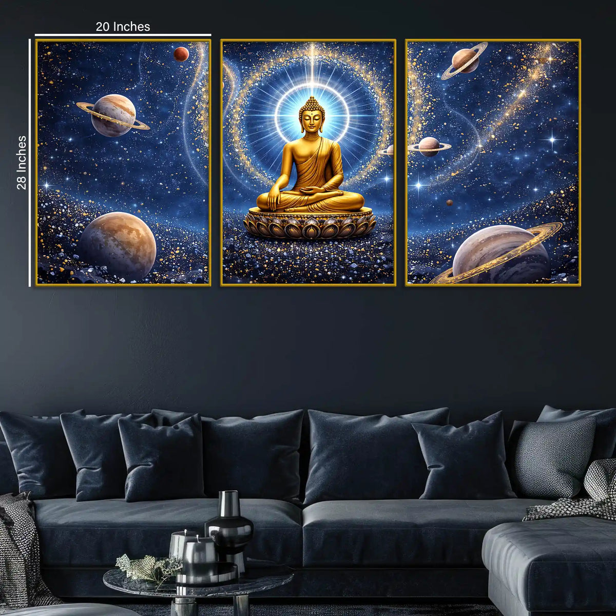 Golden Buddha in Cosmic Universe Floating Frame Crystal Wall Painting Set of 3
