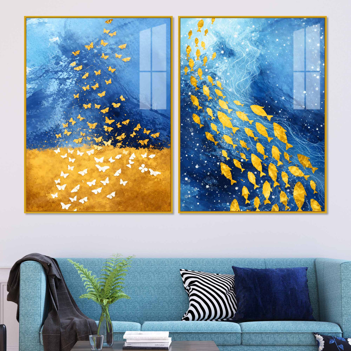 Golden Butterflies and Ocean Fish Acrylic Floating Wall Painting Set of 2