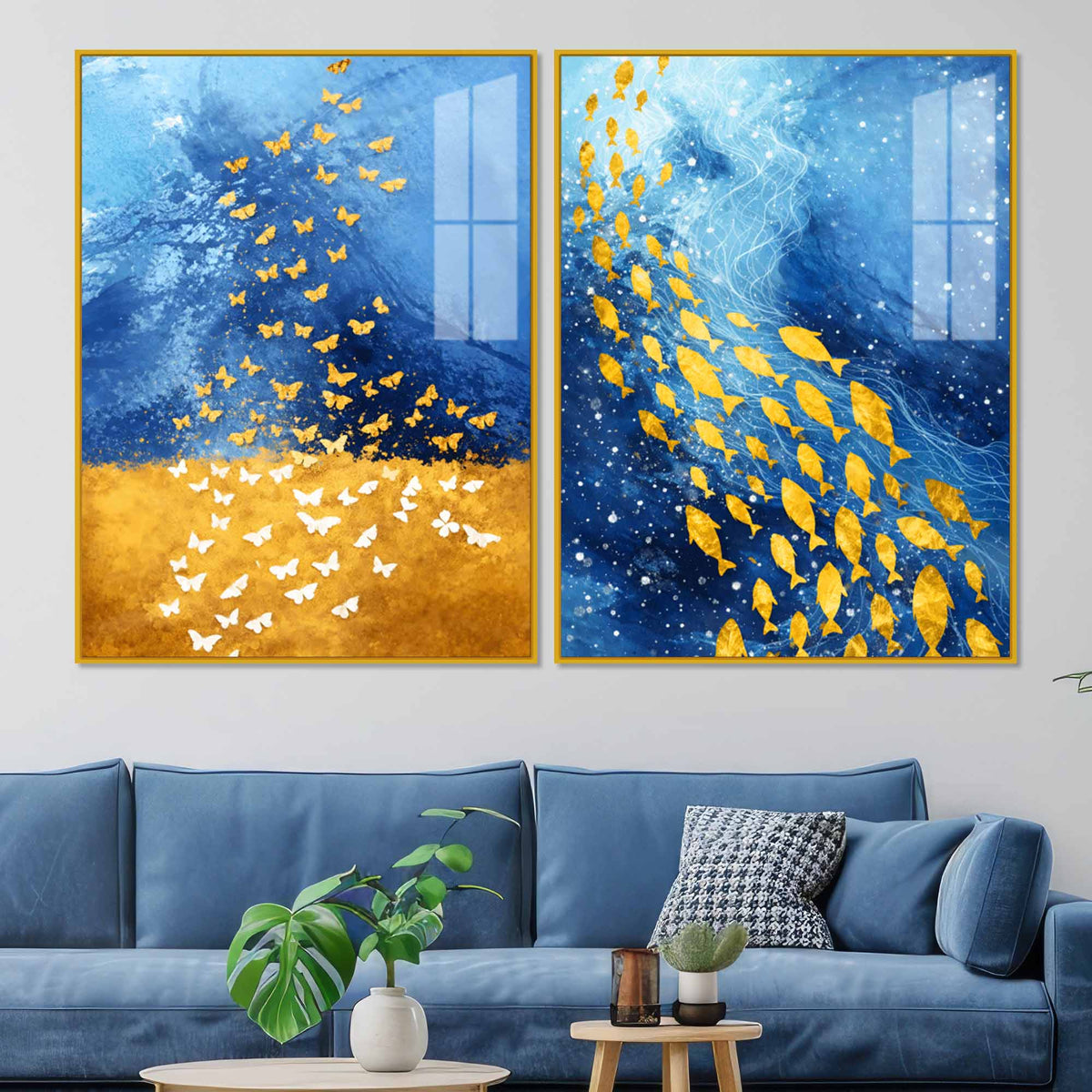 Golden Butterflies and Ocean Fish Acrylic Floating Wall Painting Set of 2