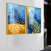 Golden Butterflies and Ocean Fish Acrylic Floating Wall Painting Set of 2