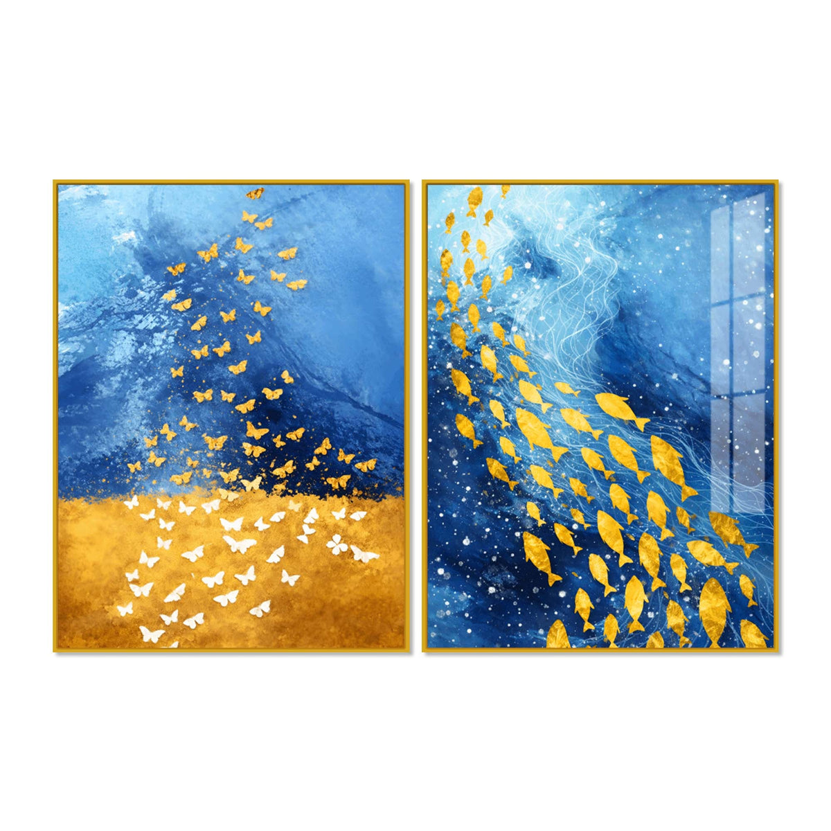 Golden Butterflies and Ocean Fish Acrylic Floating Wall Painting Set of 2