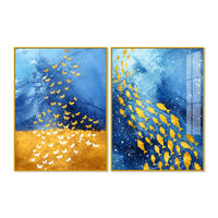 Golden Butterflies and Ocean Fish Acrylic Floating Wall Painting Set of 2