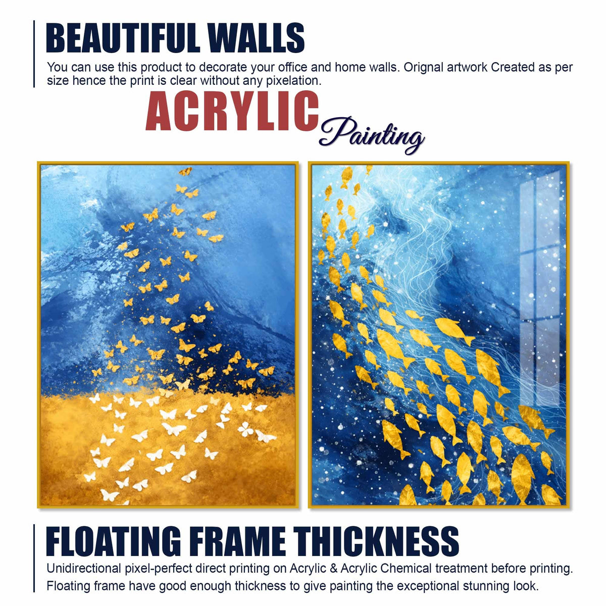Golden Butterflies and Ocean Fish Acrylic Floating Wall Painting Set of 2
