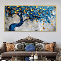 Golden Butterflies on Blue Tree Abstract Canvas Painting