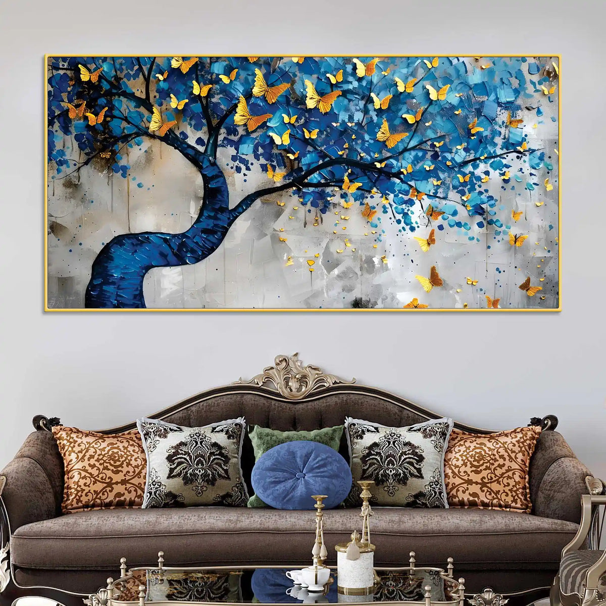 Golden Butterflies on Blue Tree Abstract Canvas Painting