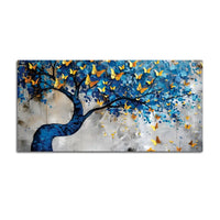 Golden Butterflies on Blue Tree Abstract Canvas Painting