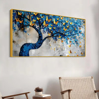 Golden Butterflies on Blue Tree Abstract Canvas Painting
