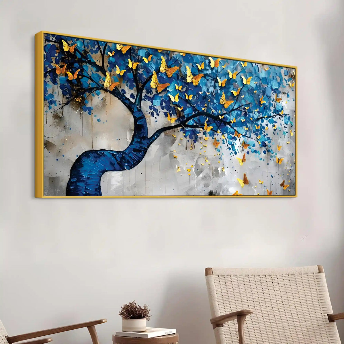 Golden Butterflies on Blue Tree Abstract Canvas Painting