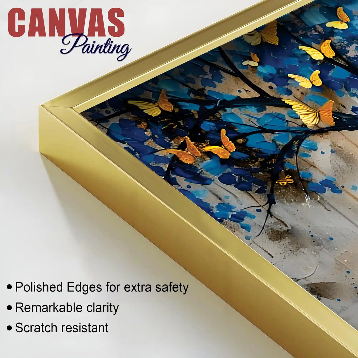Golden Butterflies on Blue Tree Abstract Canvas Painting