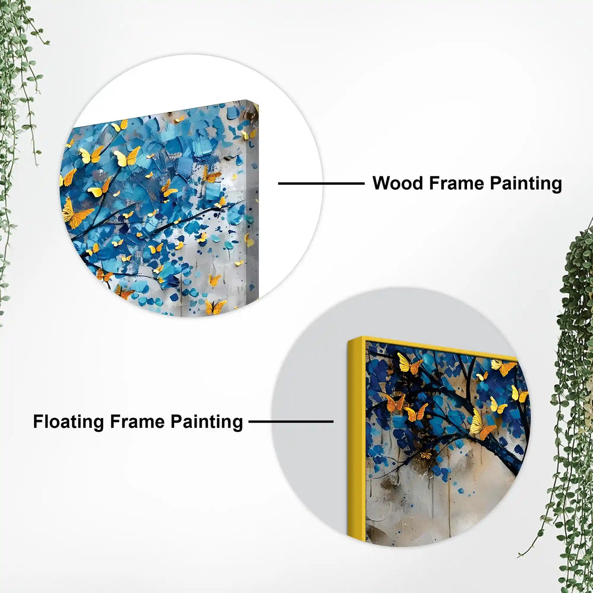 Golden Butterflies on Blue Tree Abstract Canvas Painting