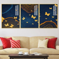 Golden Butterfly Artwork Acrylic Floating Frame Wall Painting Set of 3