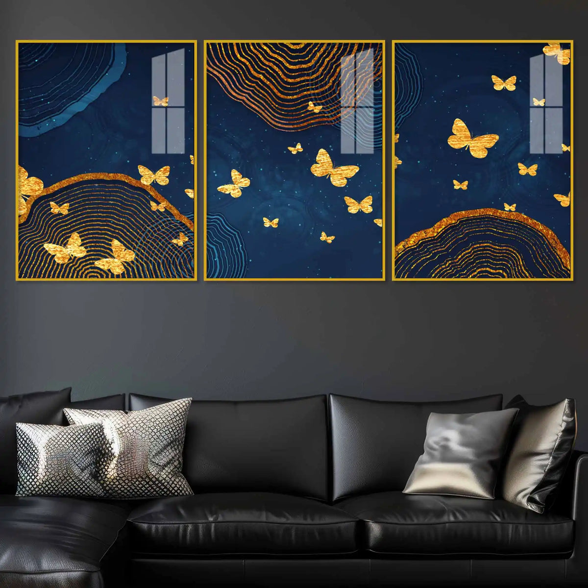 Golden Butterfly Artwork Acrylic Floating Frame Wall Painting Set of 3