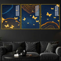 Golden Butterfly Artwork Acrylic Floating Frame Wall Painting Set of 3
