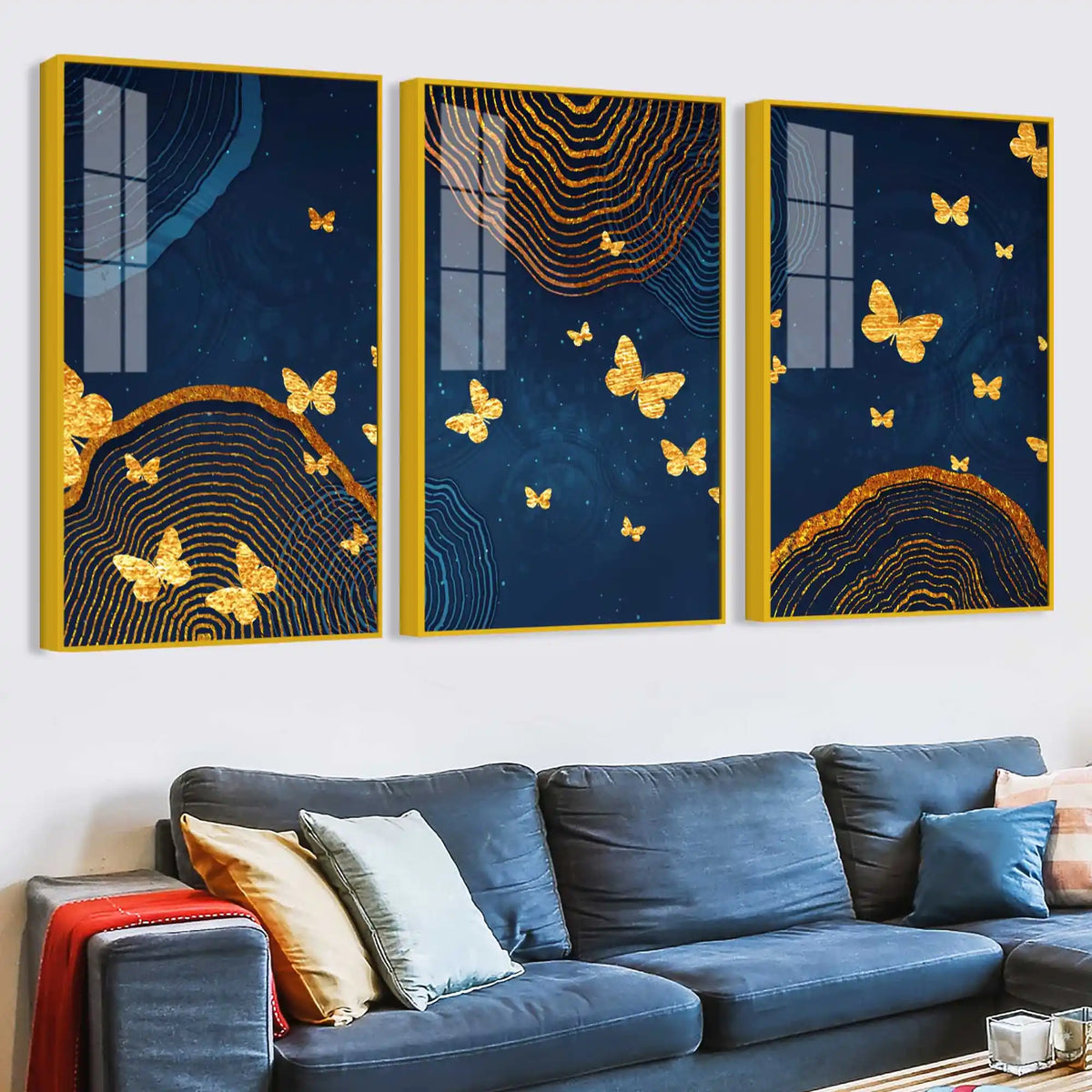 Golden Butterfly Artwork Acrylic Floating Frame Wall Painting Set of 3