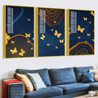 Golden Butterfly Artwork Acrylic Floating Frame Wall Painting Set of 3