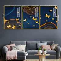 Golden Butterfly Artwork Acrylic Floating Frame Wall Painting Set of 3