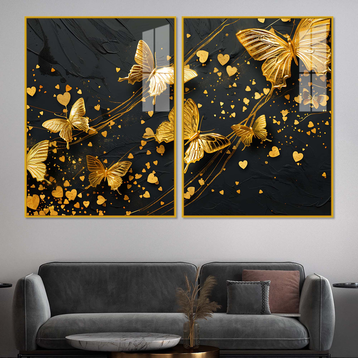 Golden Butterfly & Heart Abstract Acrylic Floating Wall Painting Set of 2